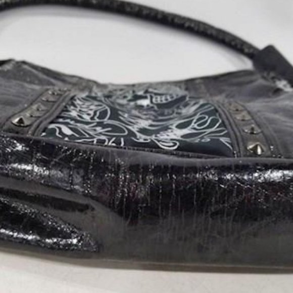 Ed Hardy Black & Silver Patent Leather Shoulder Bag Regualer Medium Size Bag - Picture 8 of 9